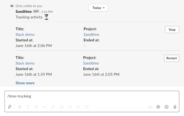 A view from Slack showing /time-tracking command of Sandtime.io right in the app.